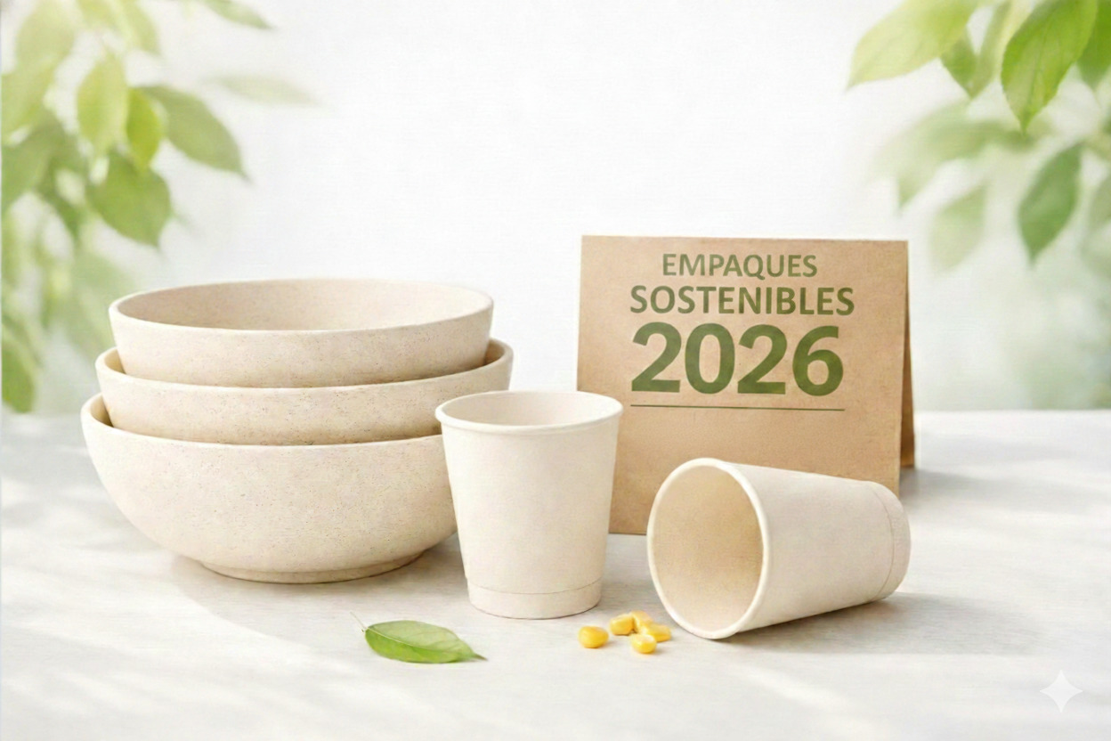 Bowls de fibra de bambú y vasos biodegradables junto a un cartel de empaques sostenibles 2026 en Ecuador.