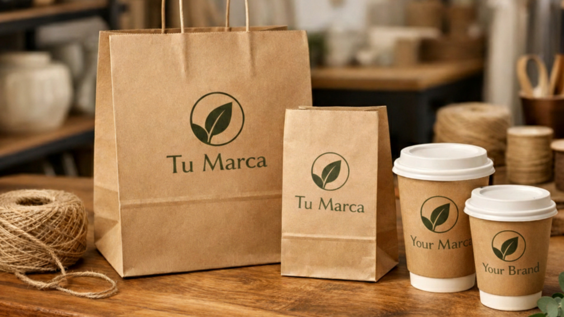 Empaques personalizados de papel kraft y vasos de café con logotipos impresos en tintas biodegradables para emprendedores.