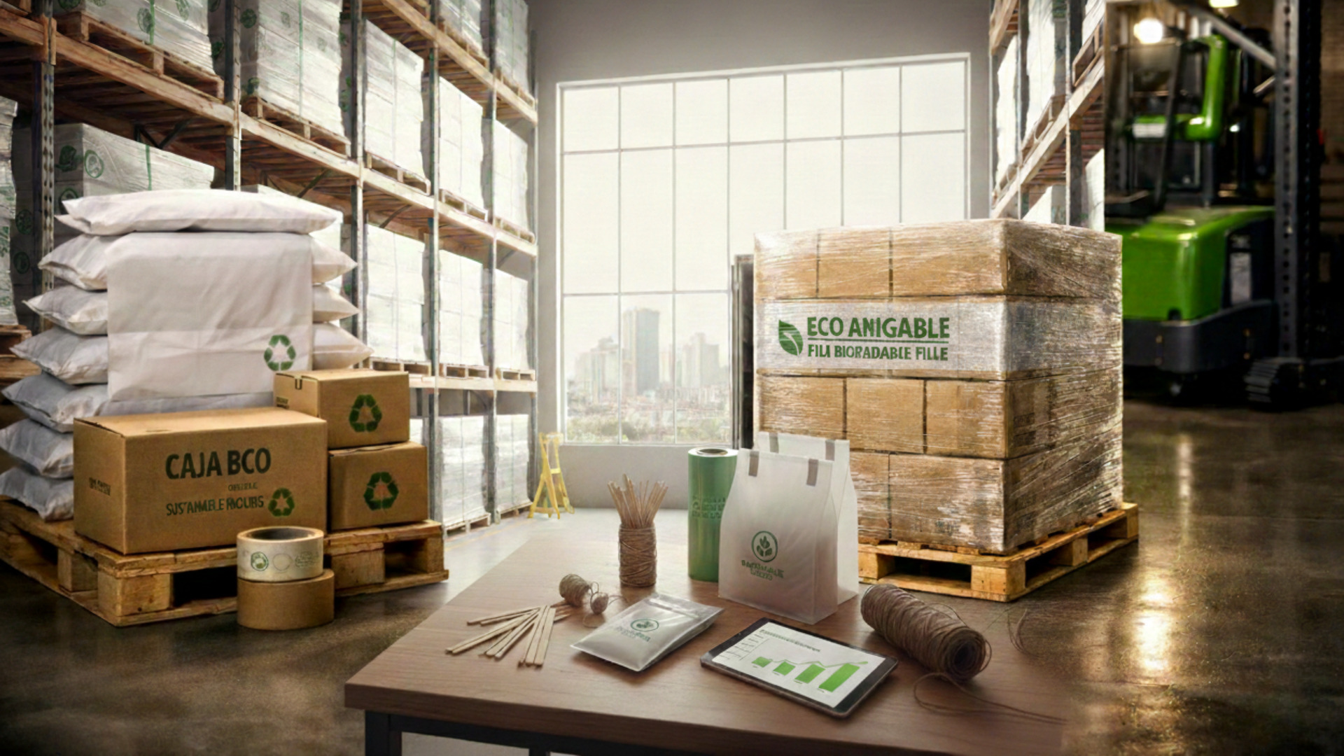 Almacén industrial con estanterías, palés embalados con stretch film "Eco Anigable" y accesorios de embalaje sostenible sobre una mesa de madera.